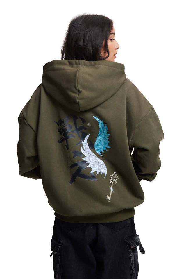 Sweat à capuche kaki Tatakae